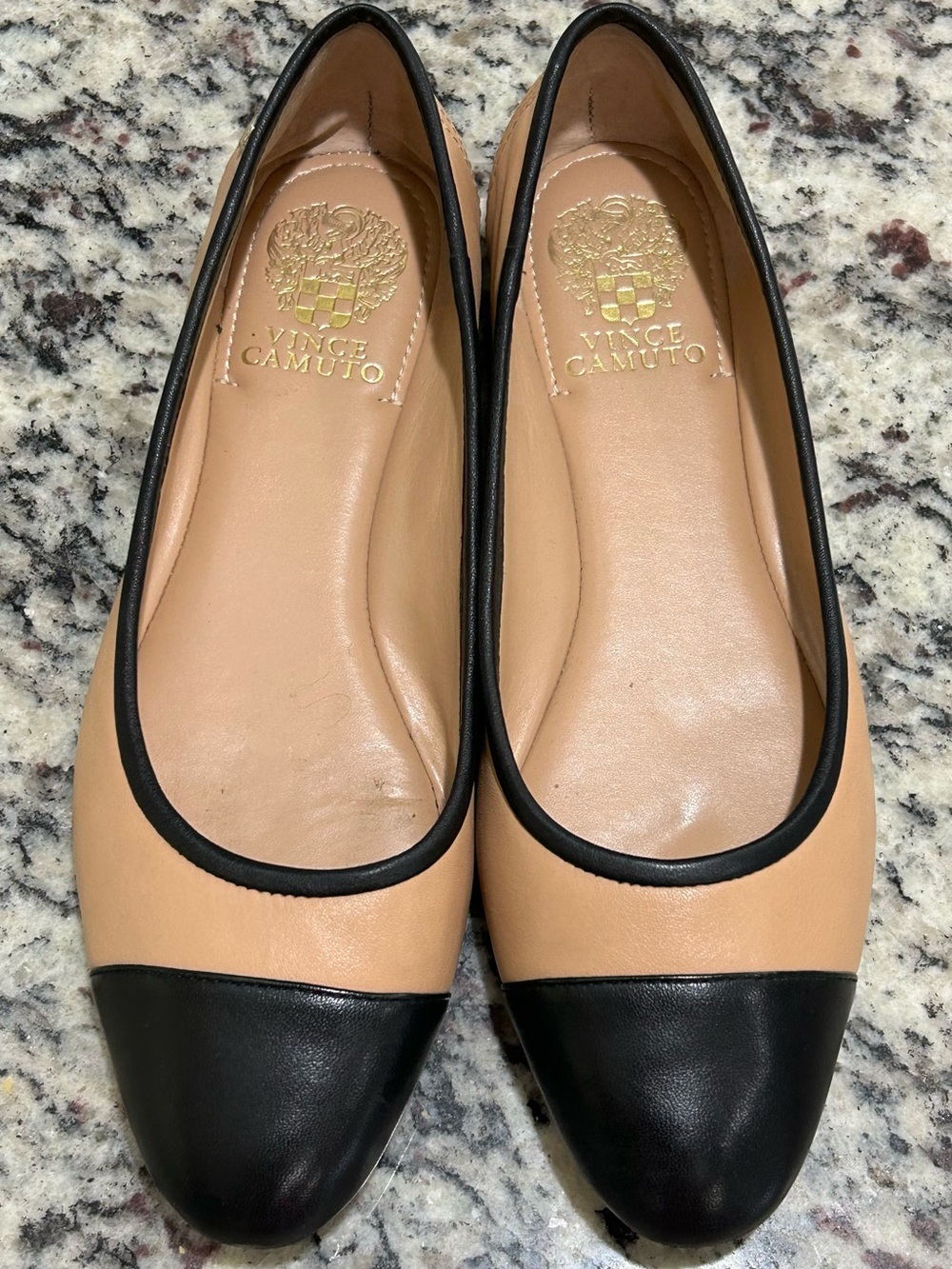 Vince Camuto Two-Tone Nude Beige and Black Cap-Toe Ballet Flats